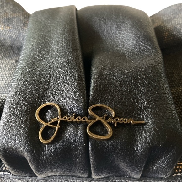Jessica Simpson Canvas Bow Wristlet Black Gold 10” x 5” EUC - Picture 2 of 7